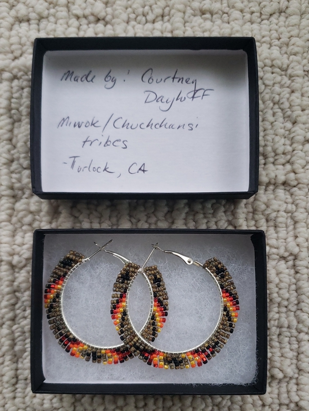 Native American Made - Beaded Hoop Earrings in Brown, Red, Orange & Yellow